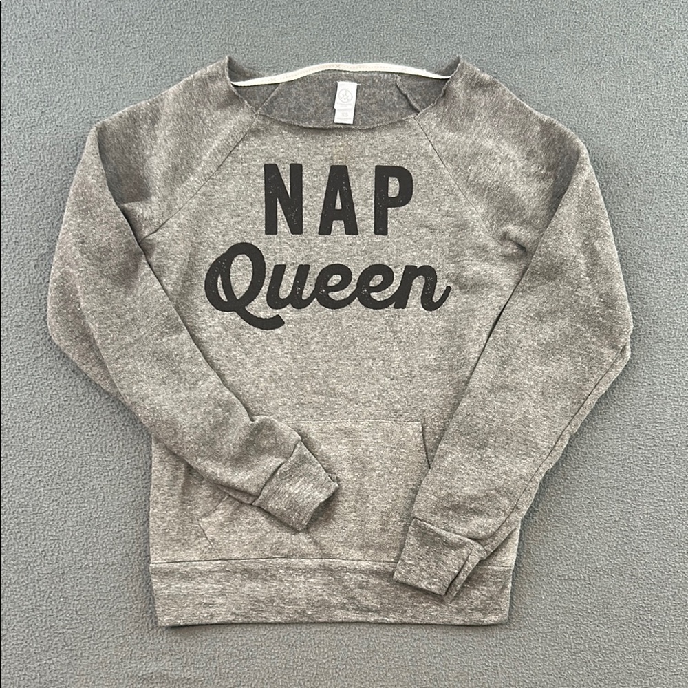 Gray “Nap Queen” Off-the-Shoulder Sweater | Women’s XS | Cozy Graphic Pullover